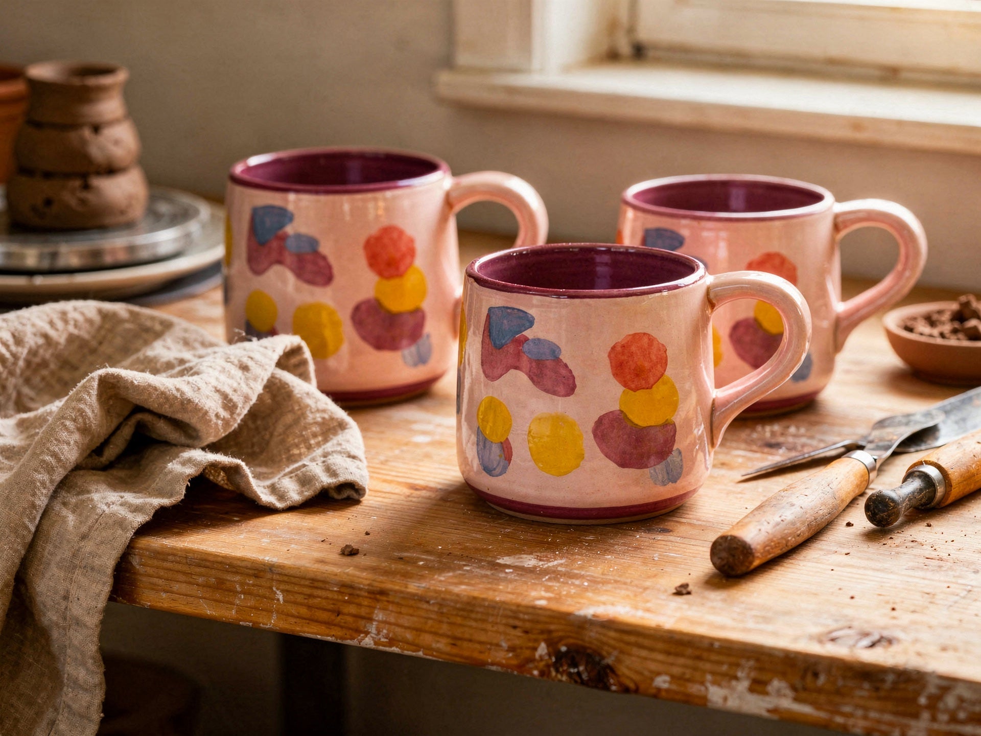 SHEN pottery mugs on a potter's workbench
