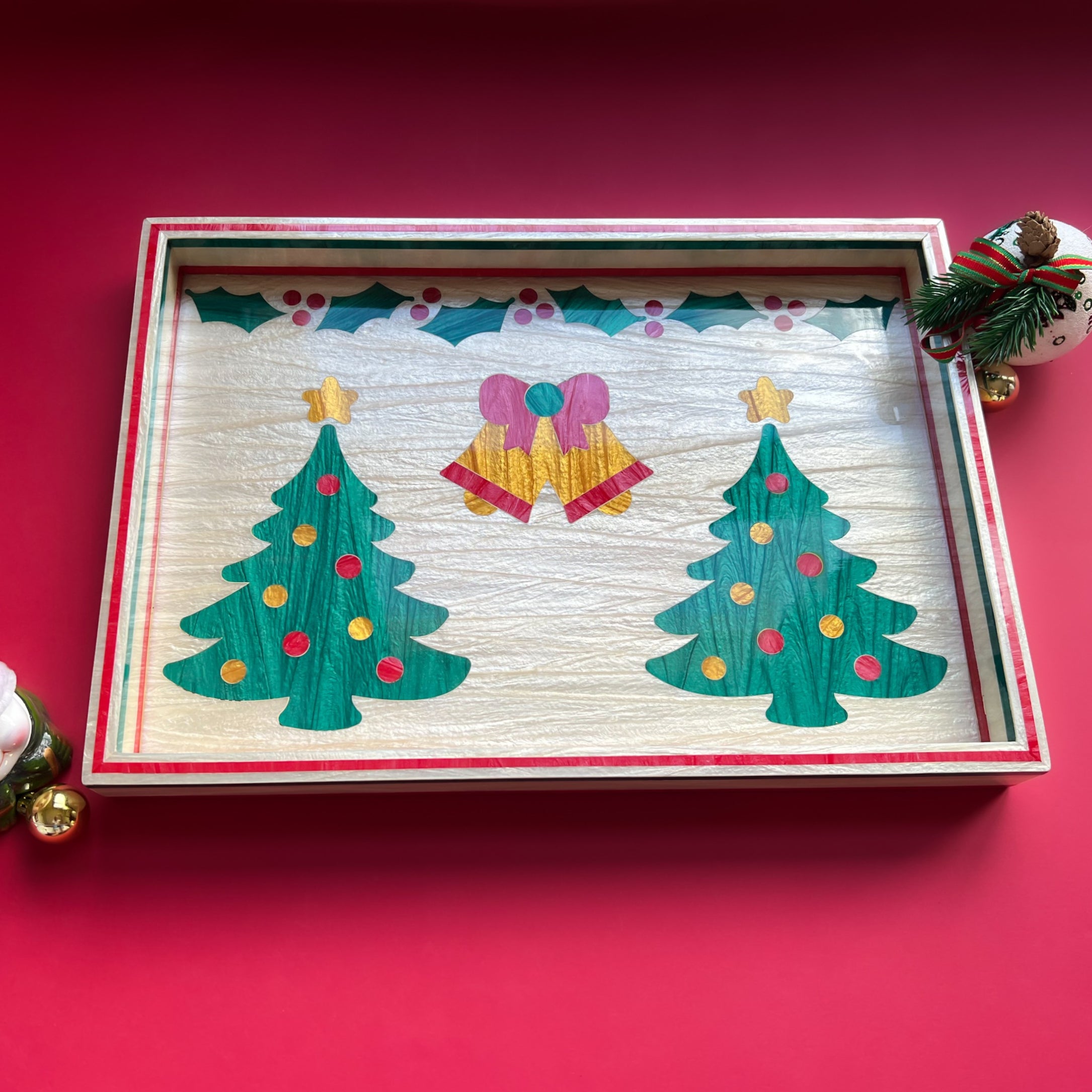 Christmas Bell Wooden x Mother of Pearl Tray