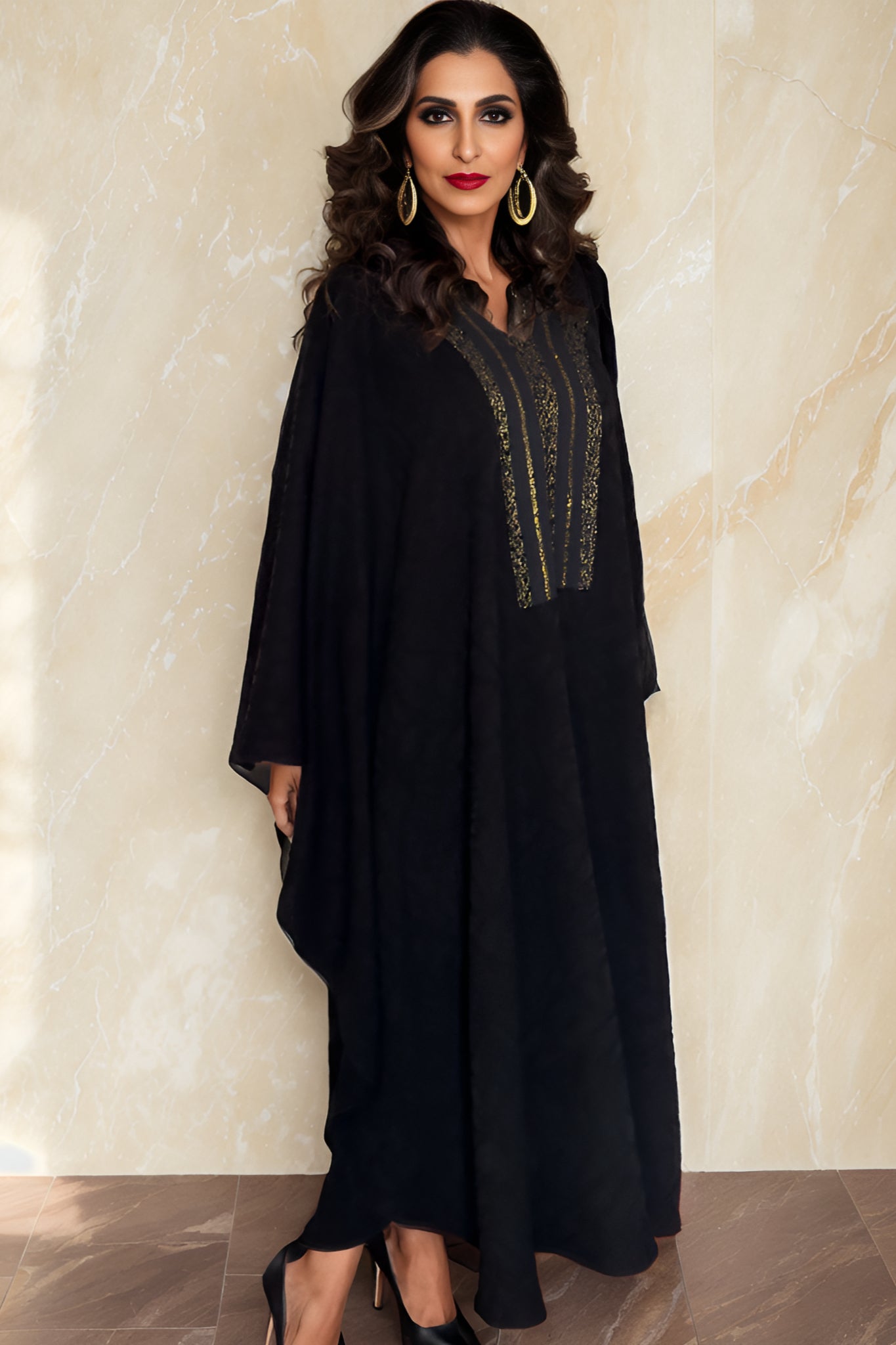 NOARINA Black x Gold Crepe Long Dress – 2