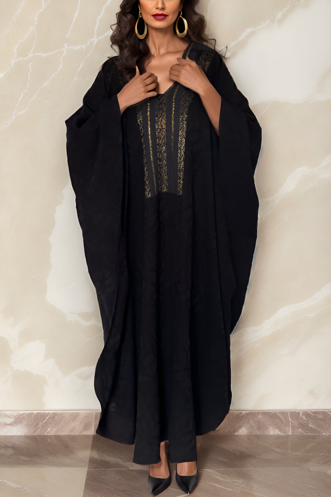 NOARINA Black x Gold Crepe Long Dress – 4