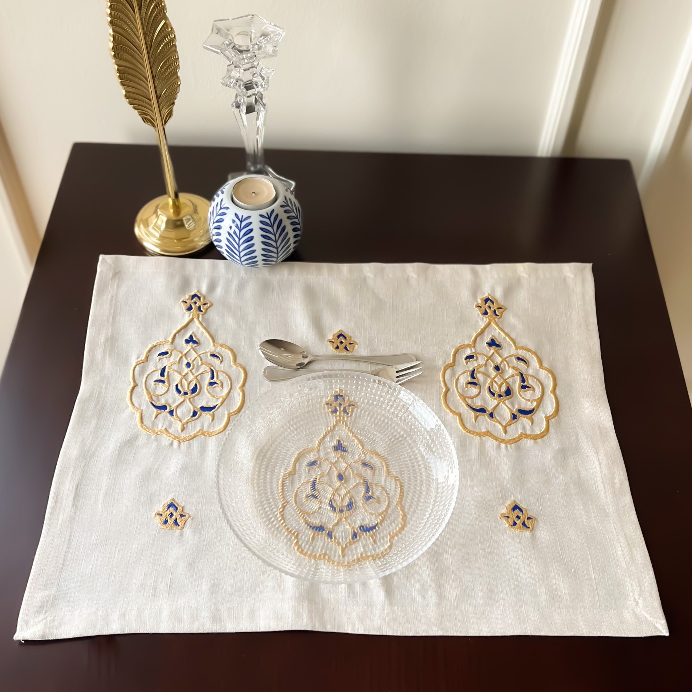 YAQEEN Gold X Green or Blue Linen Placemat/ Tablecloth