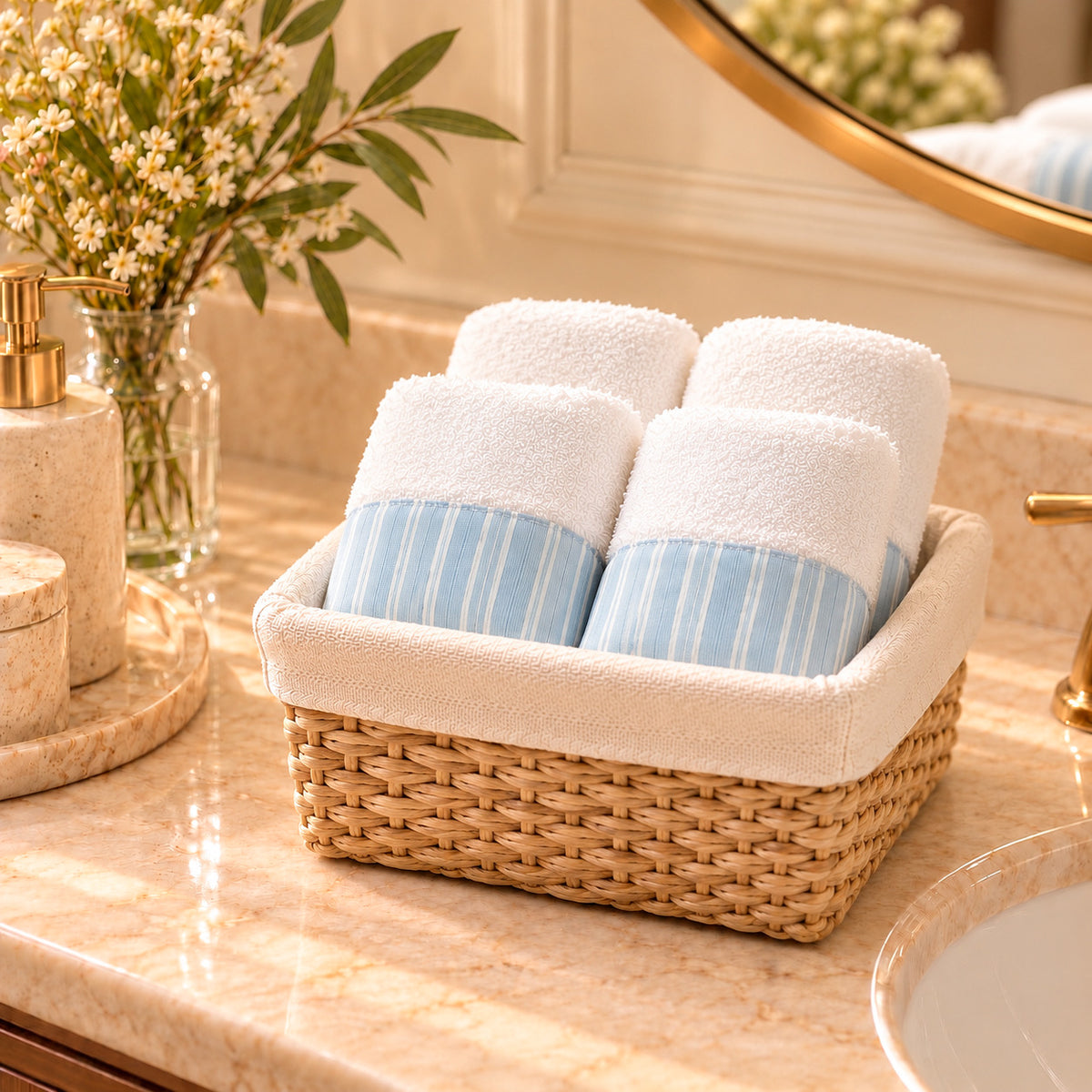 SAVING Bundle: 4 TELA Stripes Guest Towels + 1 KORGY Basket