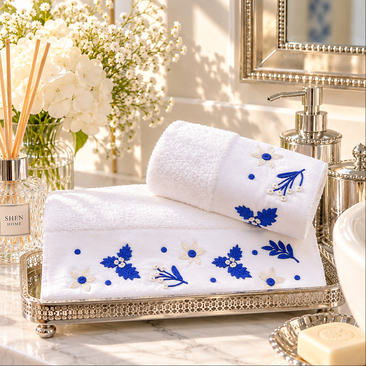 Navy x Silver Leaves Guest Towel