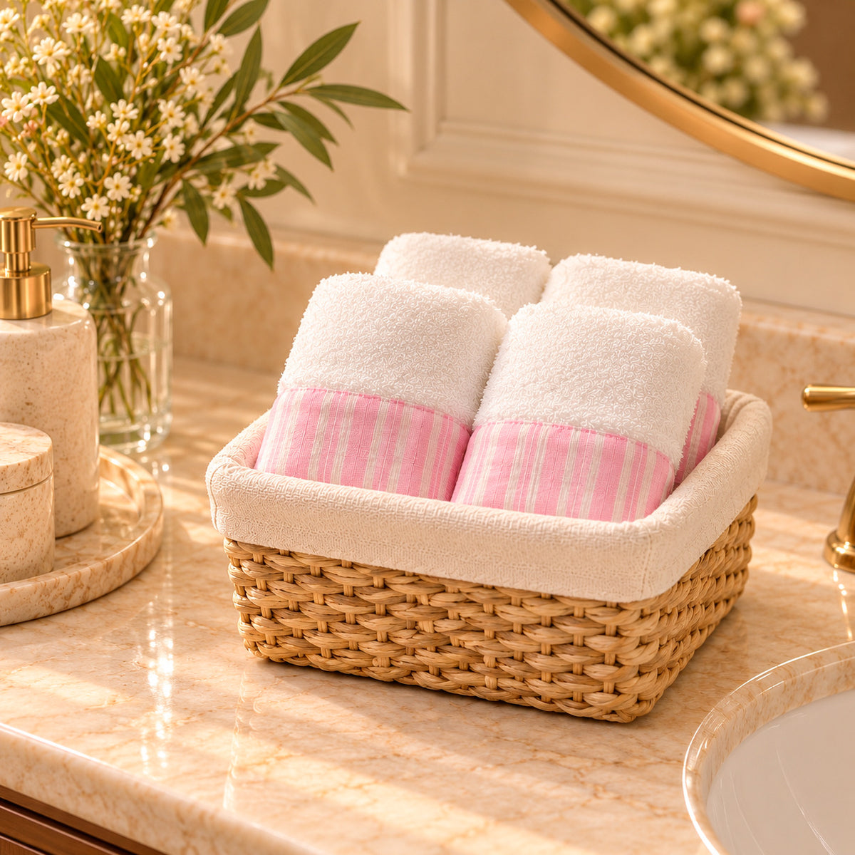 SAVING Bundle: 4 TELA Stripes Guest Towels + 1 KORGY Basket