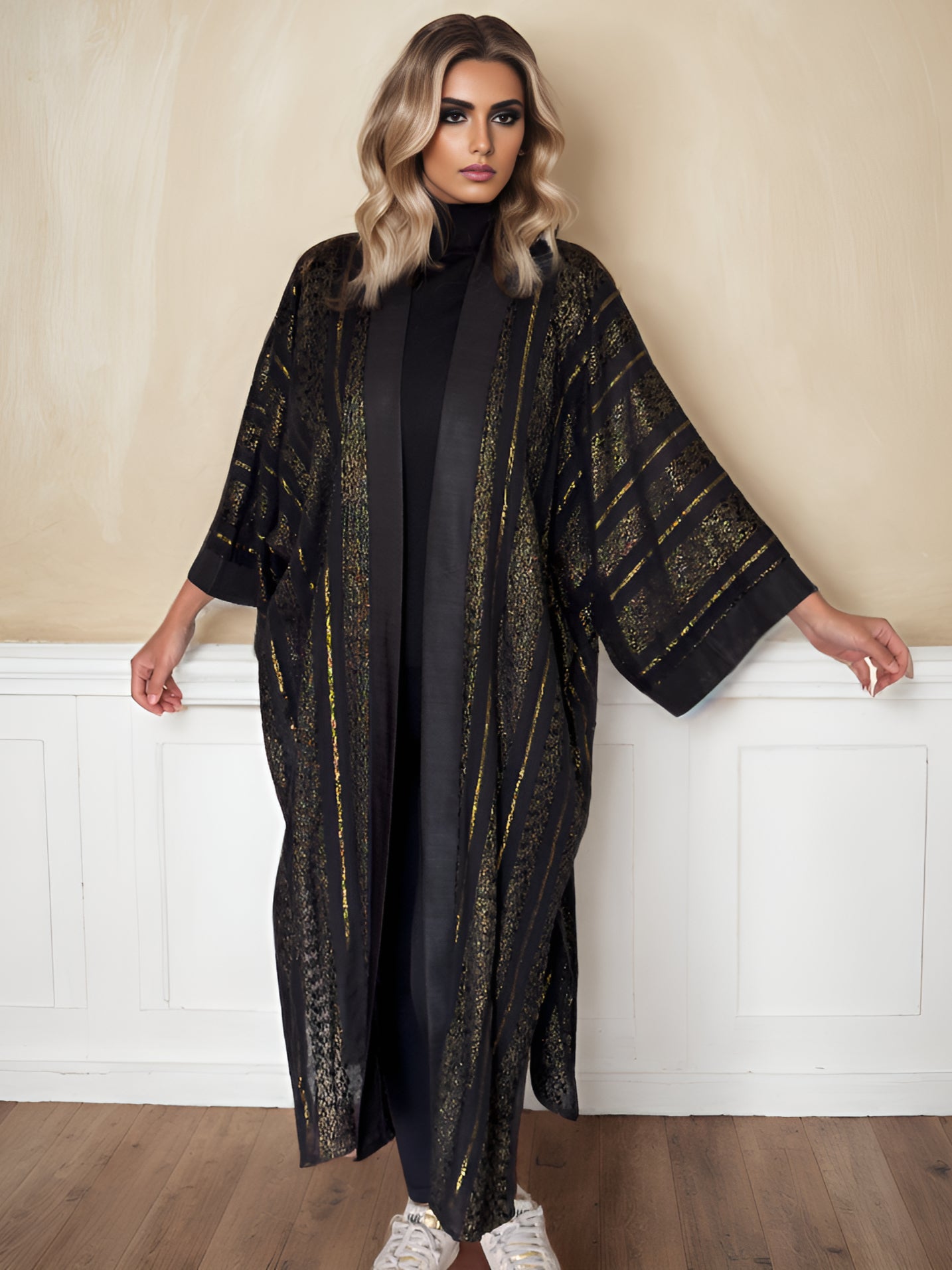 NOARINA Linen Black x Gold Long Kimono 
