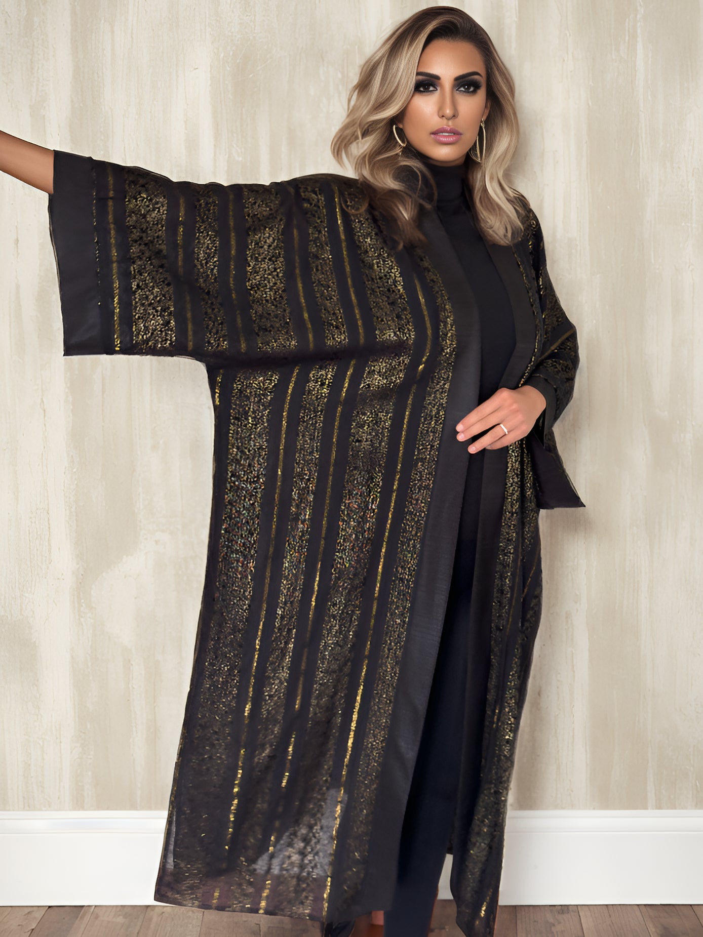 NOARINA Linen Black x Gold Long Kimono  – 4
