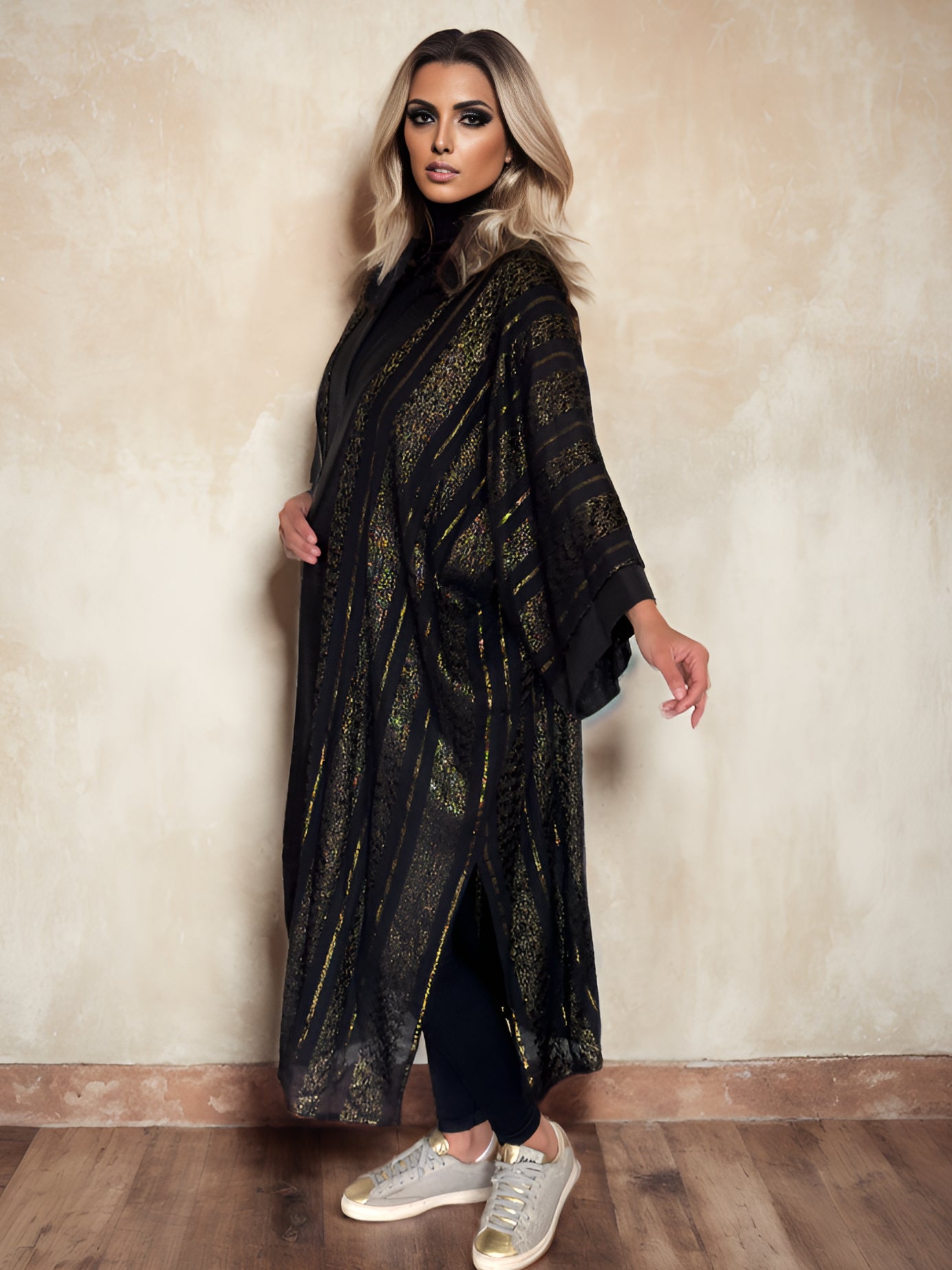 NOARINA Linen Black x Gold Long Kimono  – 5
