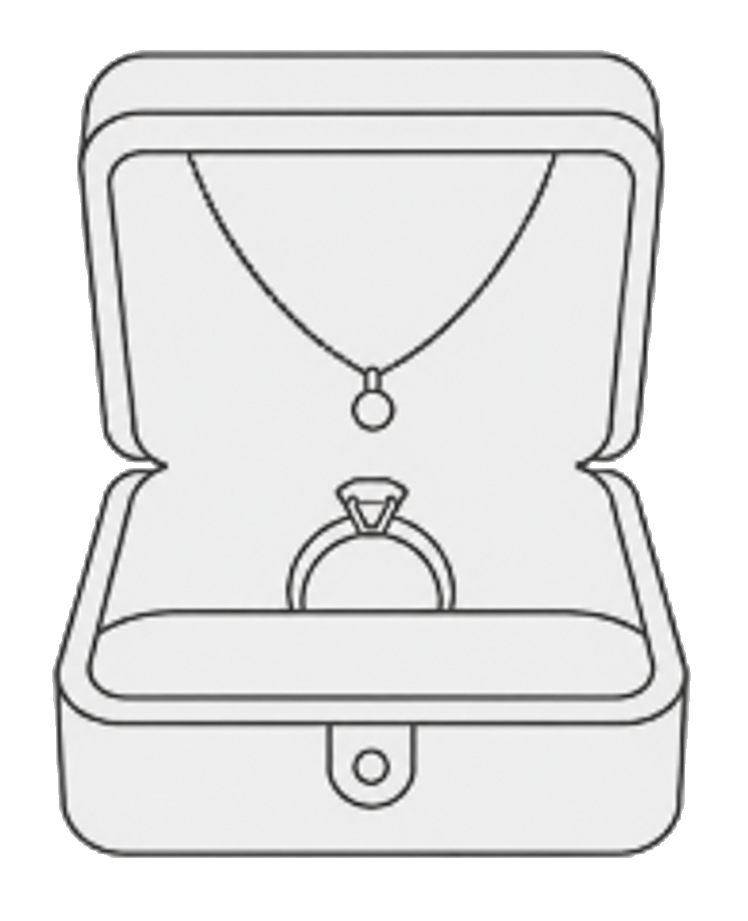 Open jewellery box holding a necklace and a ring